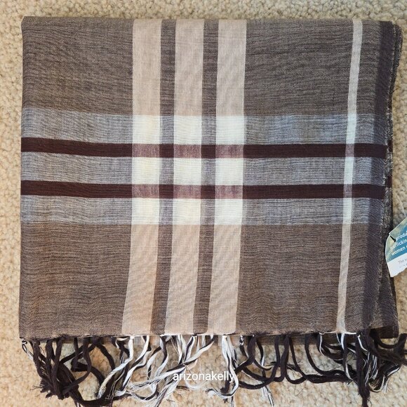 NWT Wool/Cotton Blend Lightweight Scarf Brown Tan Plaid Freeset Fabric - Picture 15 of 16